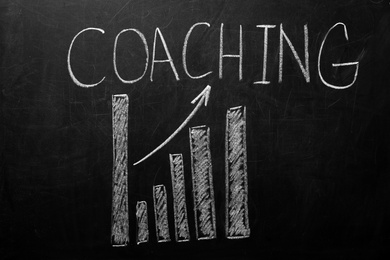 Photo of Bar chart with word COACHING on chalkboard. Business trainer concept