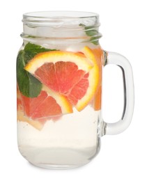 Photo of Delicious refreshing drink with sicilian orange, fresh mint and ice cubes in mason jar isolated on white