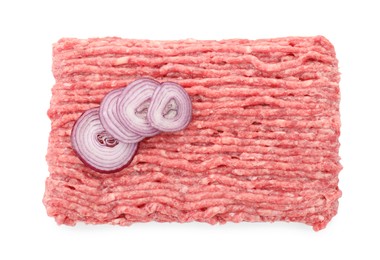 Raw ground meat and onion isolated on white, top view