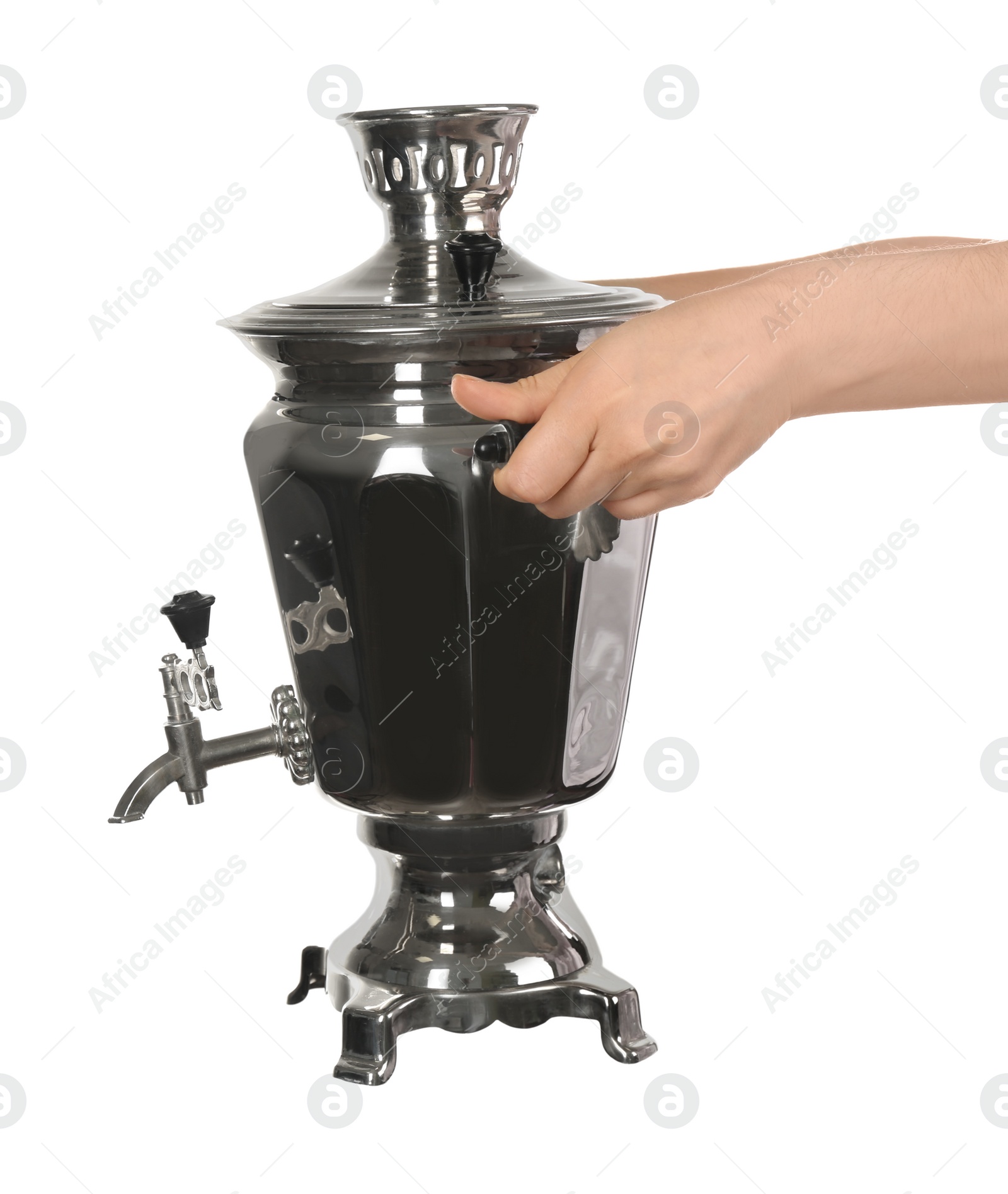 Photo of Woman holding traditional Russian samovar on white background, closeup