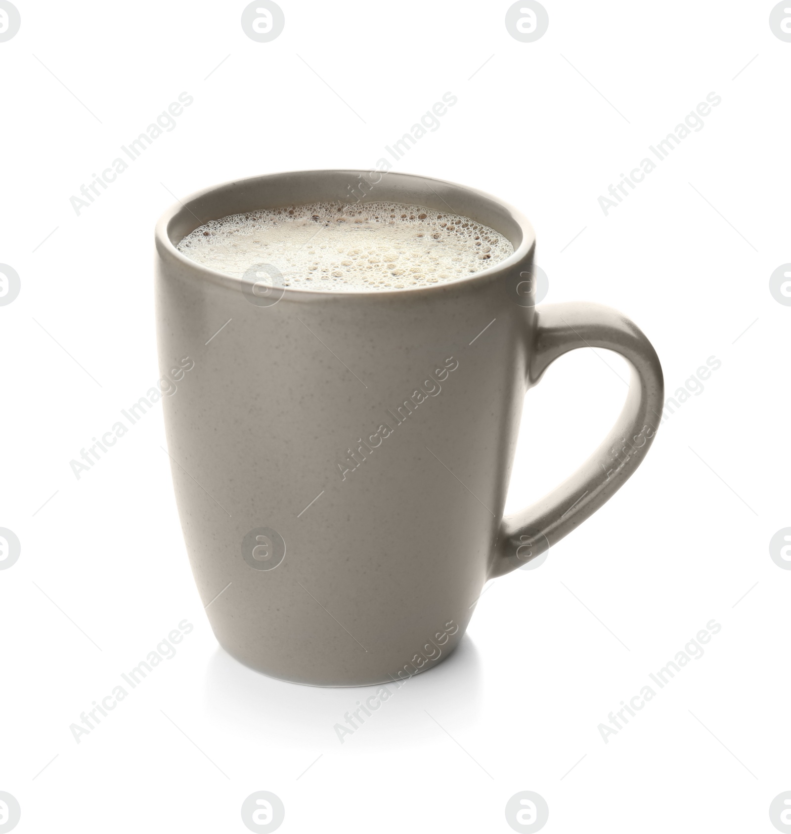 Photo of Cup with delicious hot coffee on white background