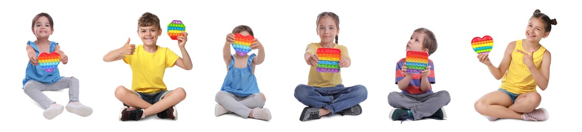 Image of Cute children with pop it fidget toys on white background, collage. Banner design