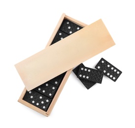 Wooden box with black domino tiles on white background, top view