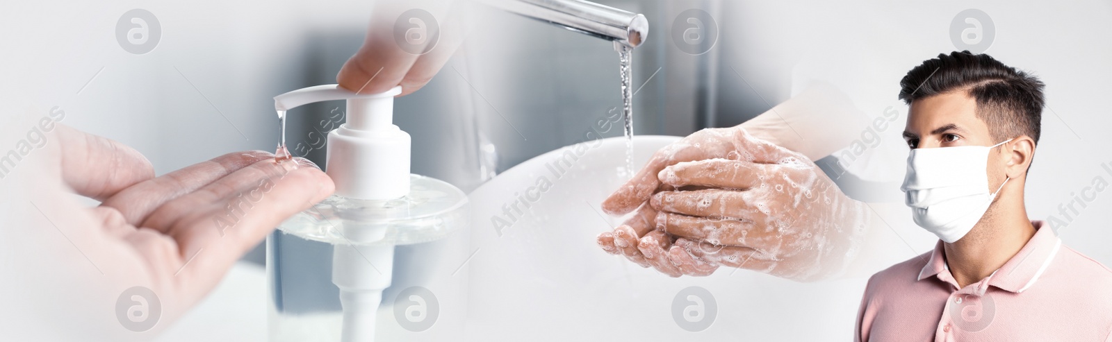 Image of Stop coronavirus spreading. People using sanitizer, wearing mask and washing hands to prevent contamination, banner design