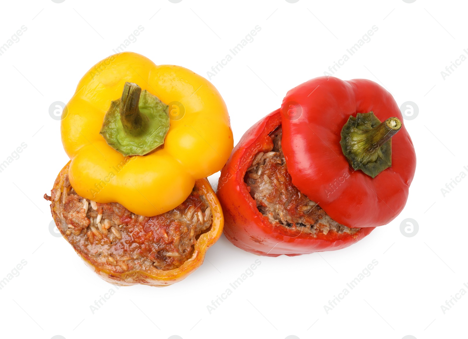 Photo of Delicious stuffed bell peppers isolated on white, top view