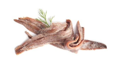Heap of delicious anchovy fillets and dill on white background, top view