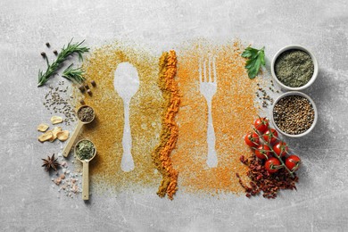 Different spices and silhouettes of cutlery on light grey table, flat lay