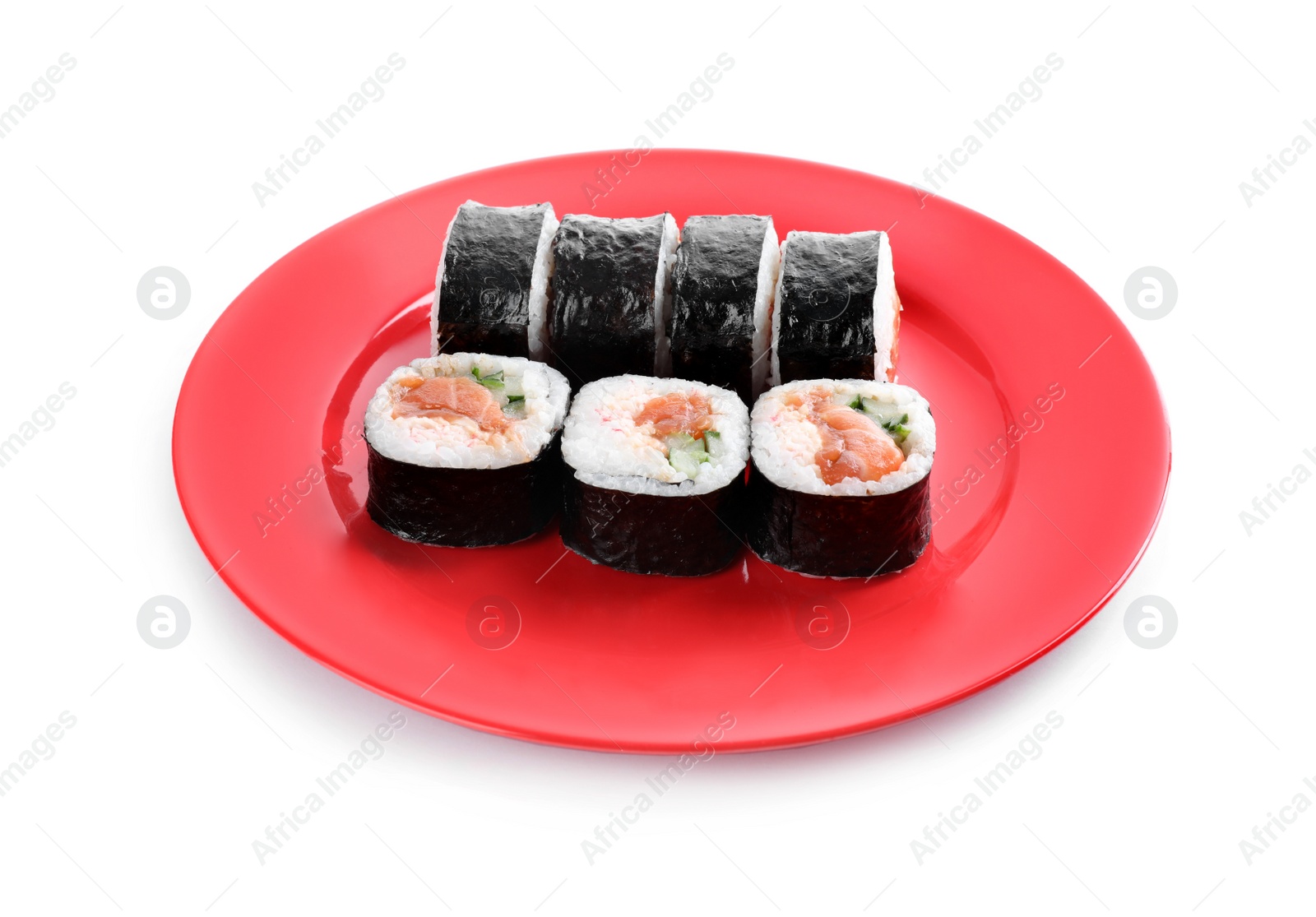 Photo of Tasty sushi rolls with salmon on white background