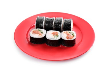 Photo of Tasty sushi rolls with salmon on white background