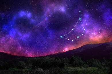 Image of Capricornus (Capricorn) constellation in starry sky over mountain at night