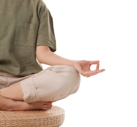 Photo of Woman meditating on white background, closeup view