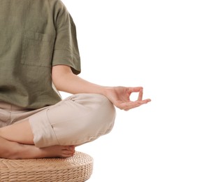 Woman meditating on white background, closeup view