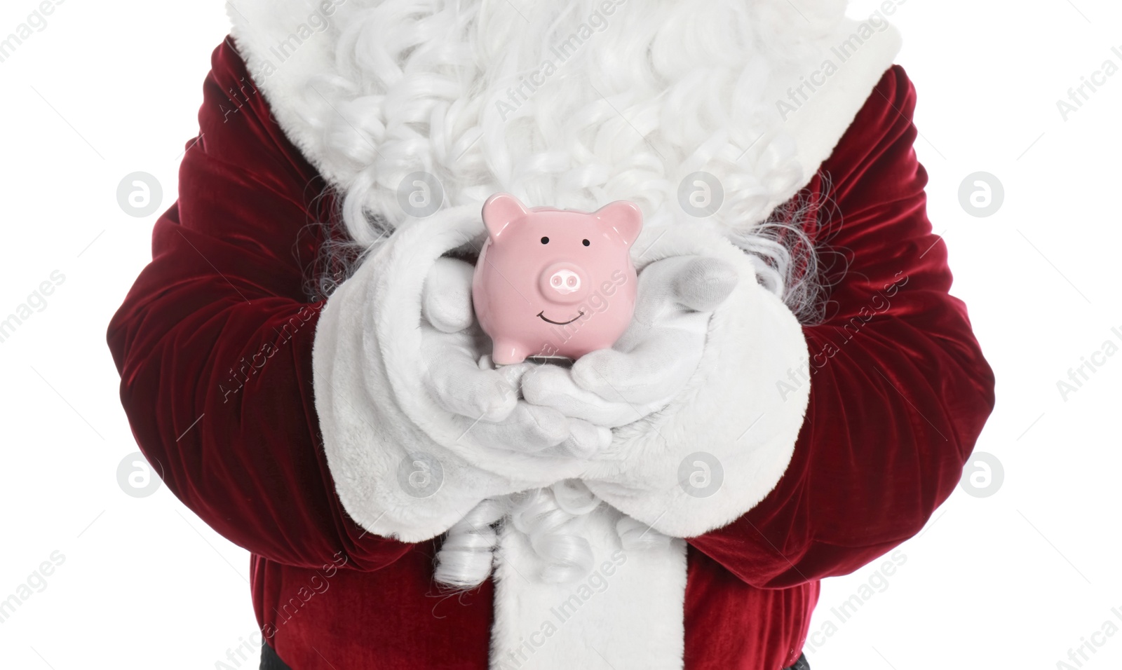 Photo of Santa Claus holding piggy bank on white background, closeup