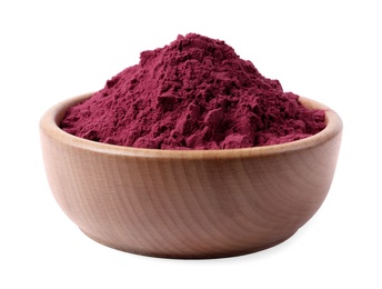 Wooden bowl of acai powder on white background