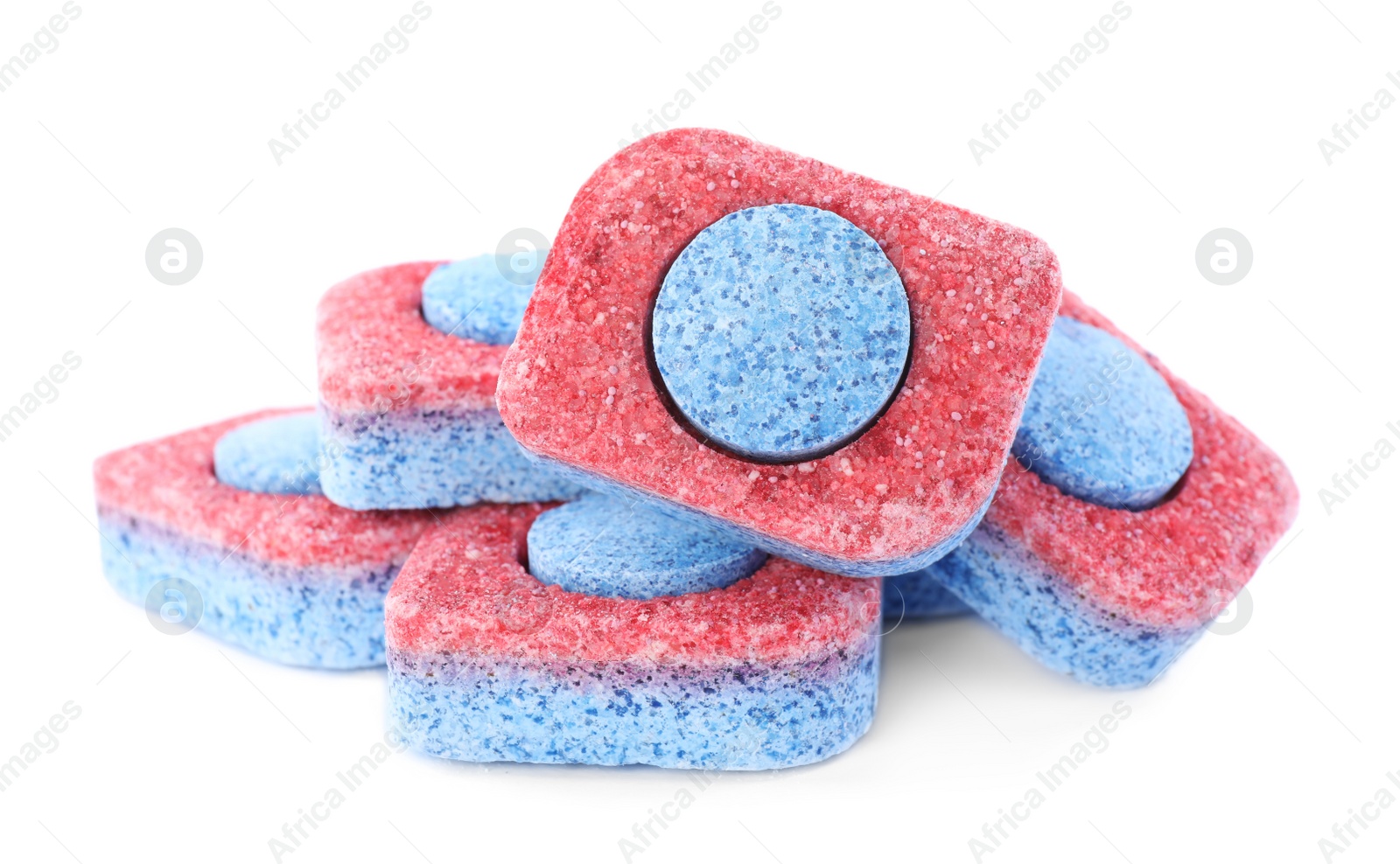 Photo of Many dishwasher detergent tablets on white background, closeup