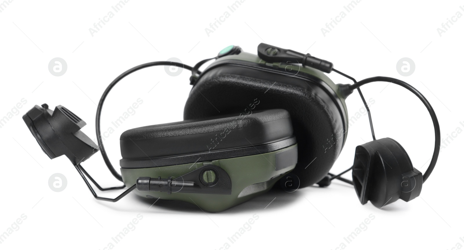 Photo of Tactical headphones on white background. Military training equipment