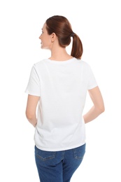 Photo of Young woman in t-shirt on white background. Mock up for design