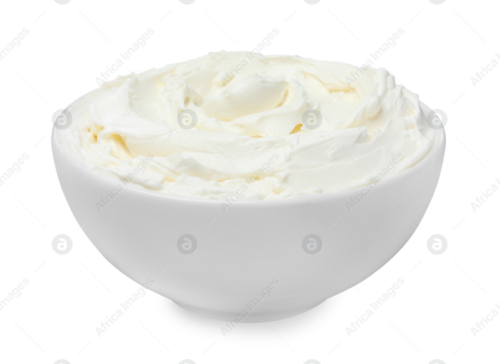 Photo of Bowl of tasty cream cheese isolated on white 