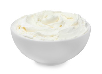 Photo of Bowl of tasty cream cheese isolated on white 