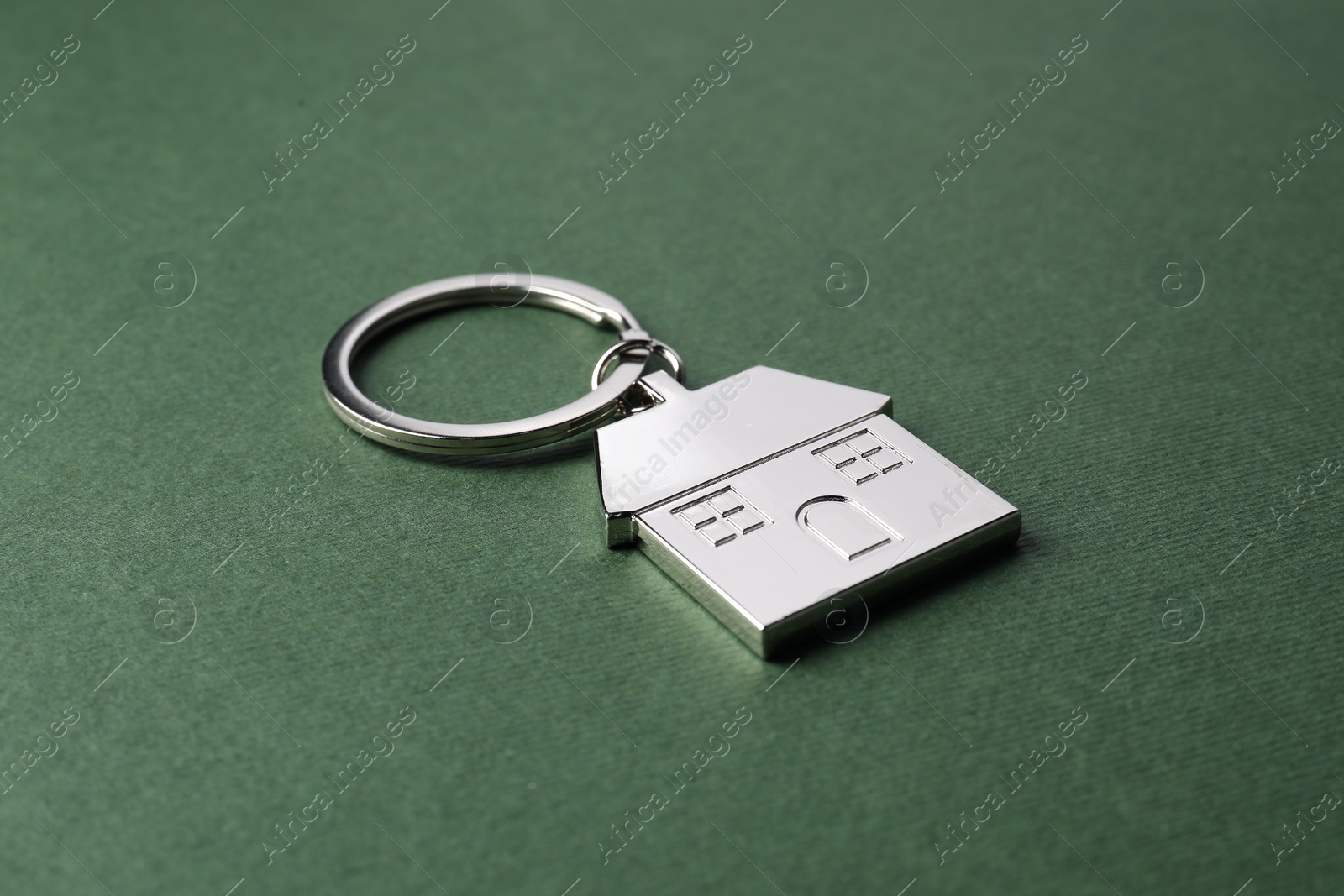 Photo of Metallic keychain in shape of house on dark green background
