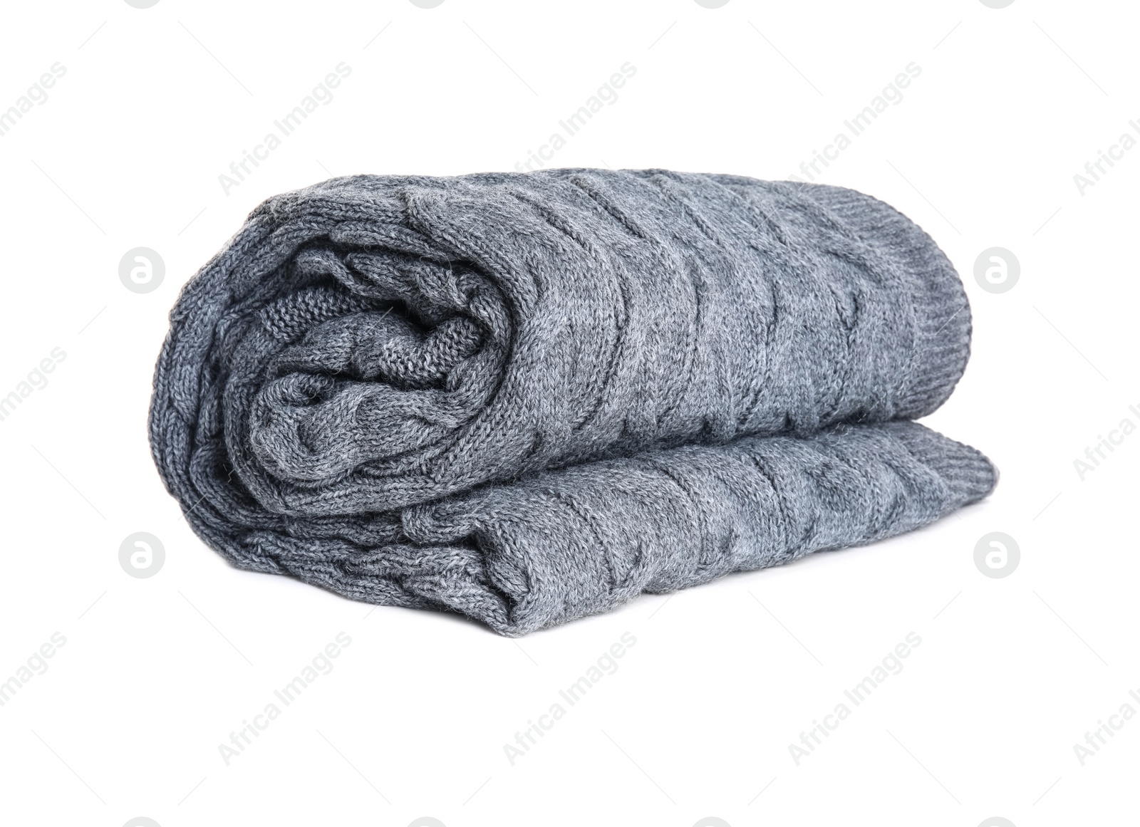 Photo of Stylish grey knitted plaid on white background