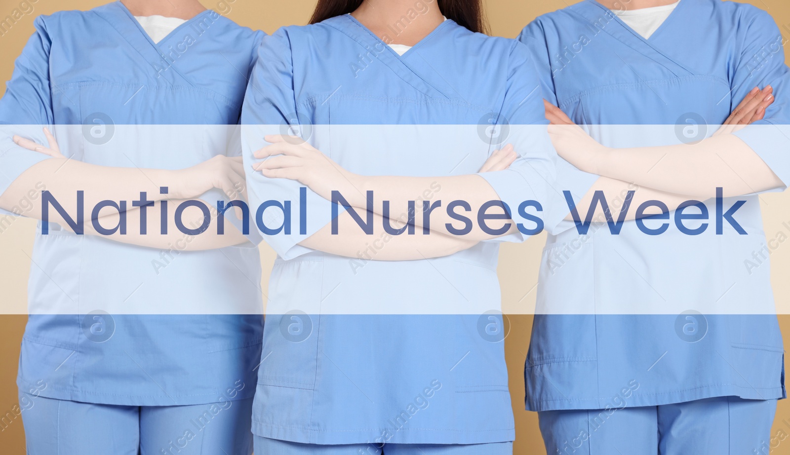 Image of National Nurses Week. Nurses in medical uniforms on beige background, banner design