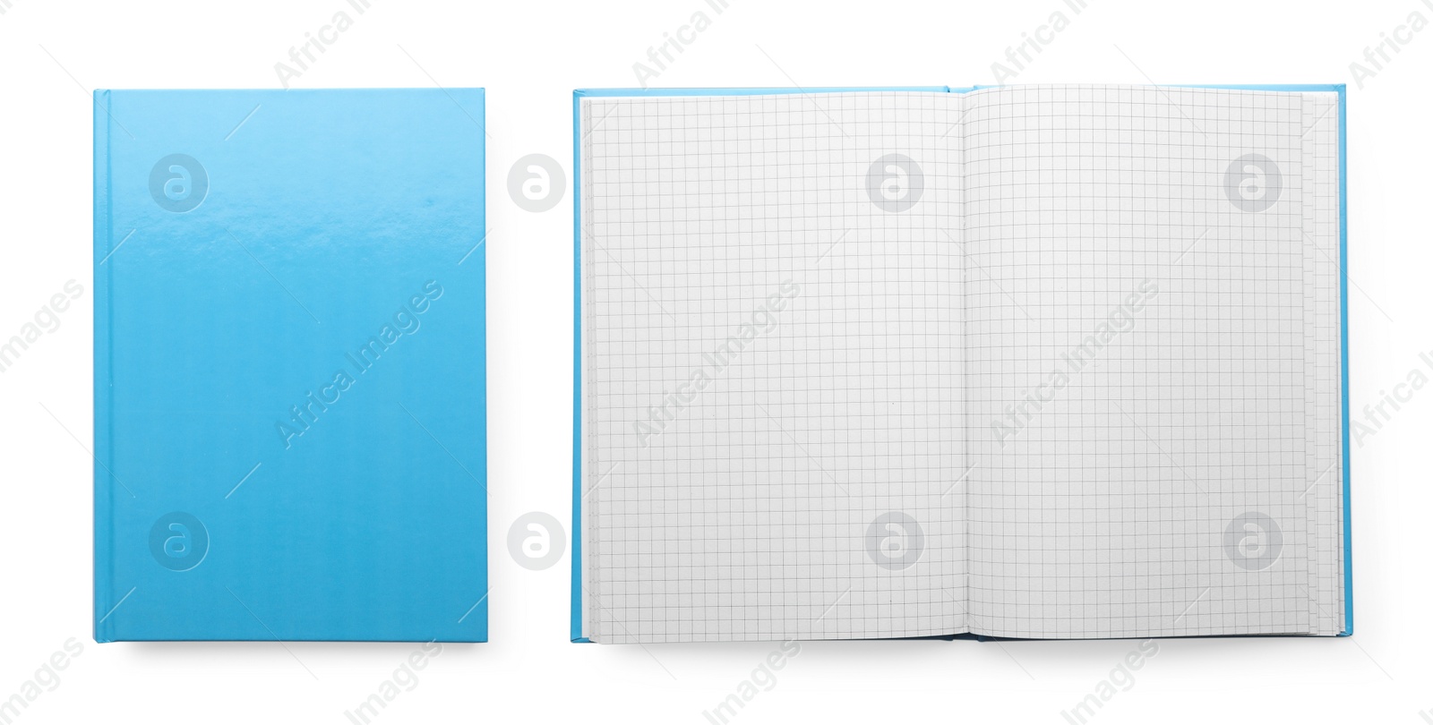 Image of Closed and open planners on white background, top view. Collage