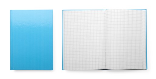 Image of Closed and open planners on white background, top view. Collage