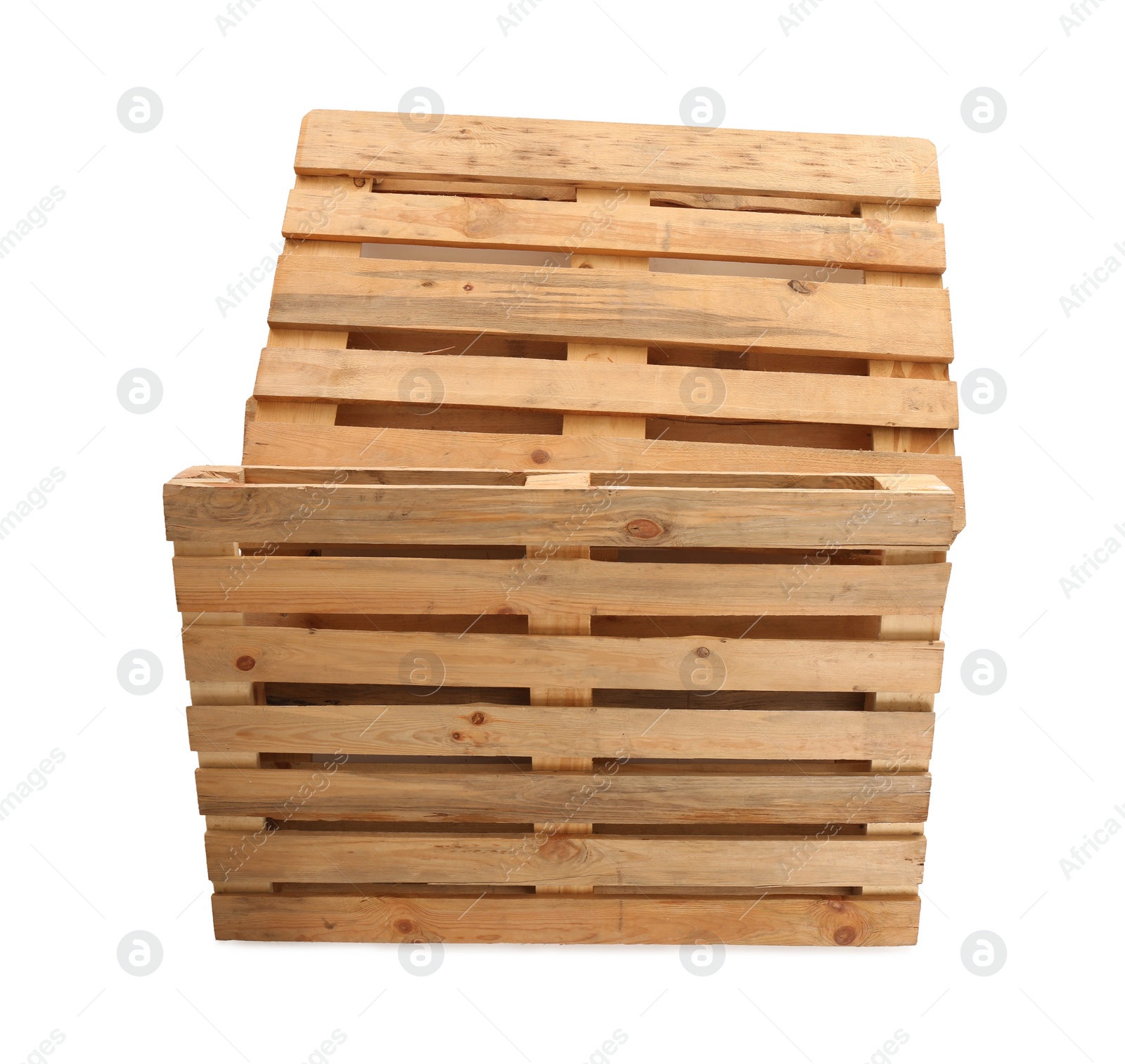 Photo of Wooden pallets isolated on white, top view. Transportation and storage