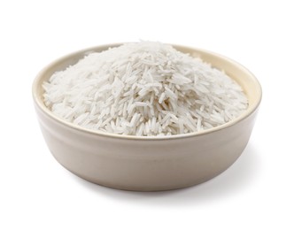 Photo of Raw basmati rice in bowl isolated on white