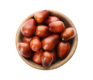 Photo of Fresh ripe oil palm fruits in bowl isolated on white, top view