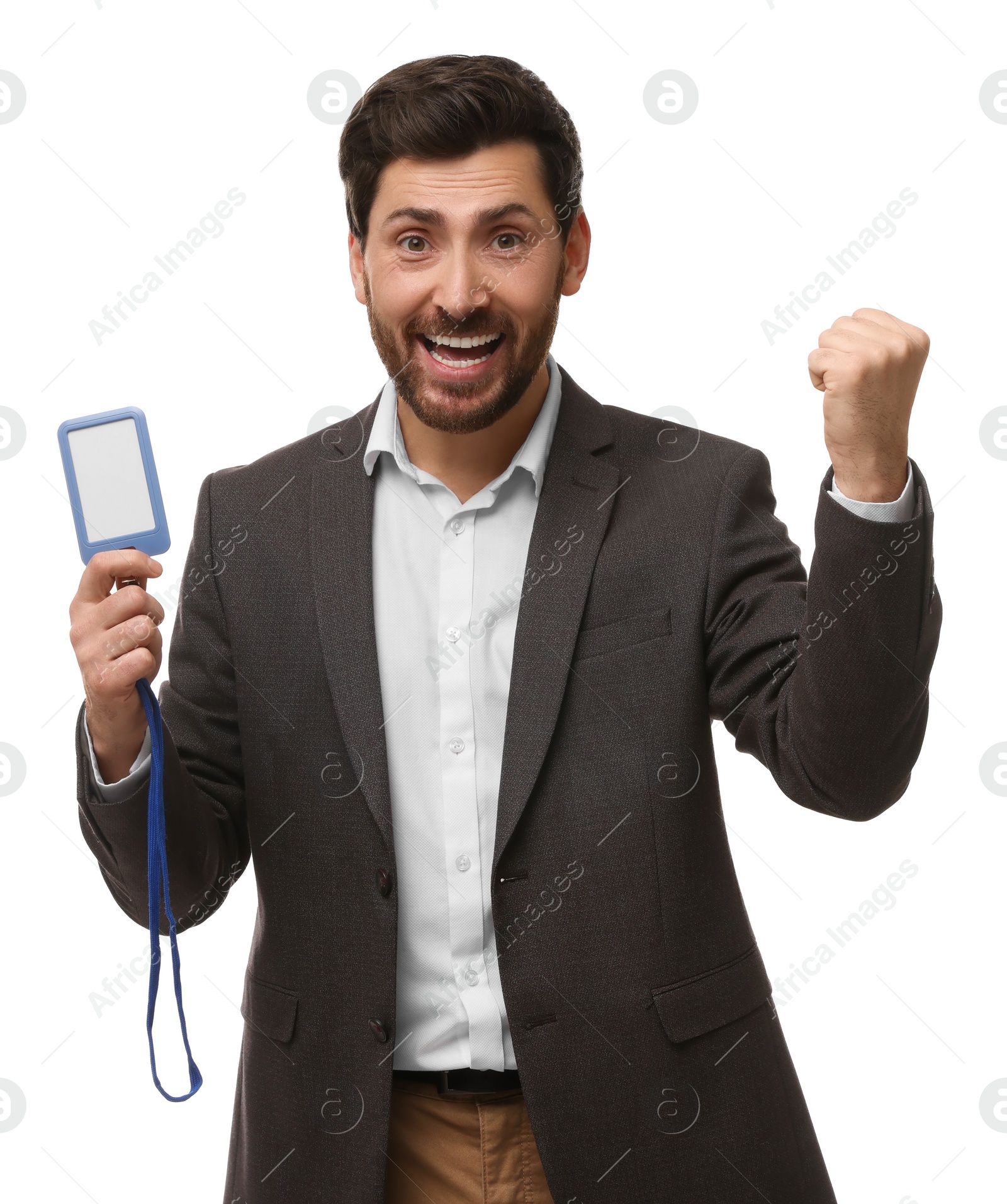 Photo of Happy man with VIP pass badge on white background