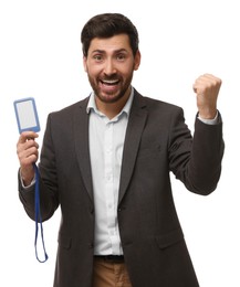 Happy man with VIP pass badge on white background