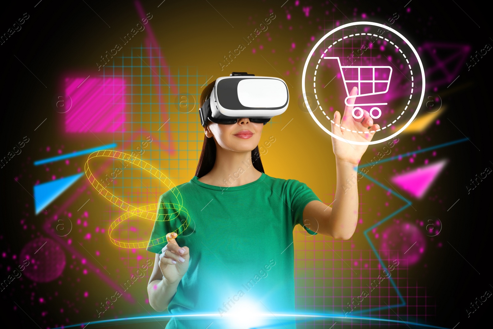 Image of Virtual shopping. Woman using VR headset on color background