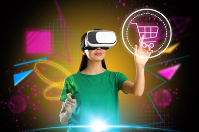 Virtual shopping. Woman using VR headset on color background