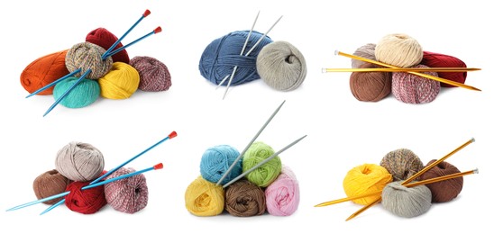 Image of Collage with many different yarns and knitting needles on white background