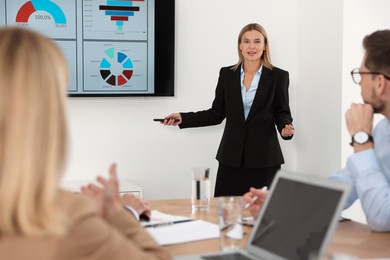 Photo of Businesswoman showing charts on tv screen in office