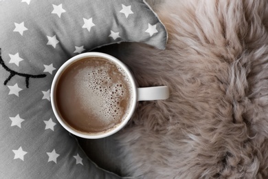 Photo of Cozy flat lay composition with cup of coffee