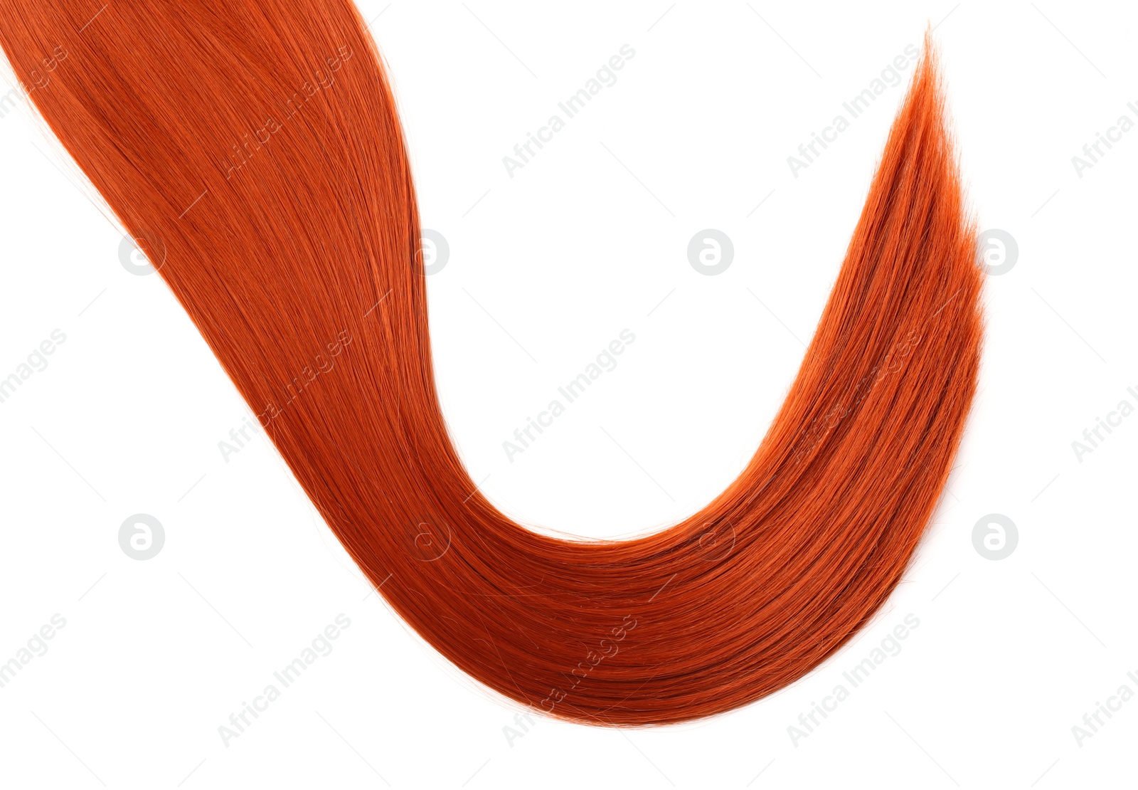 Photo of Beautiful red hair on white background, top view. Hairdresser service