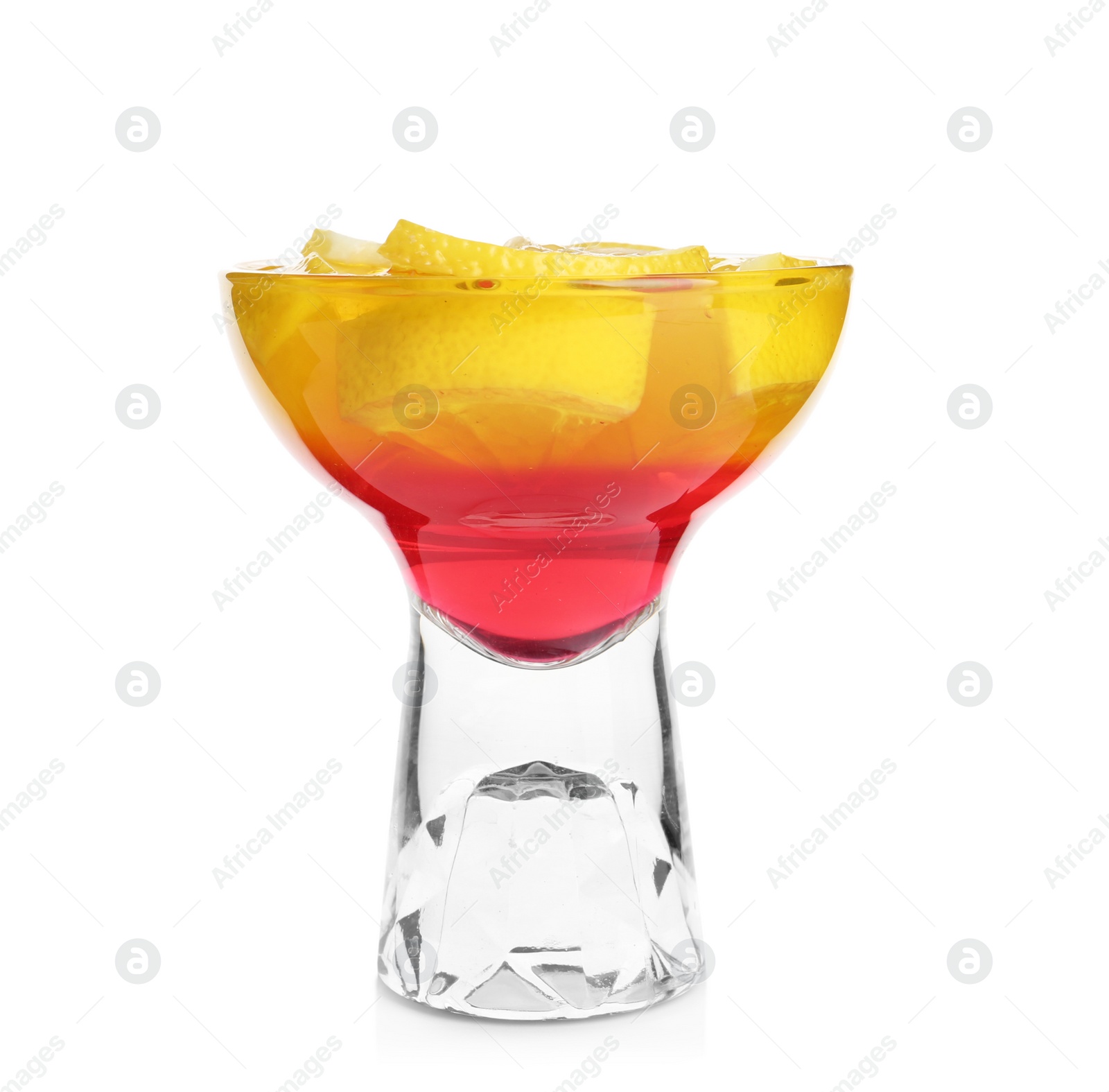 Photo of Tasty jelly dessert with slices of lemon in glass on white background