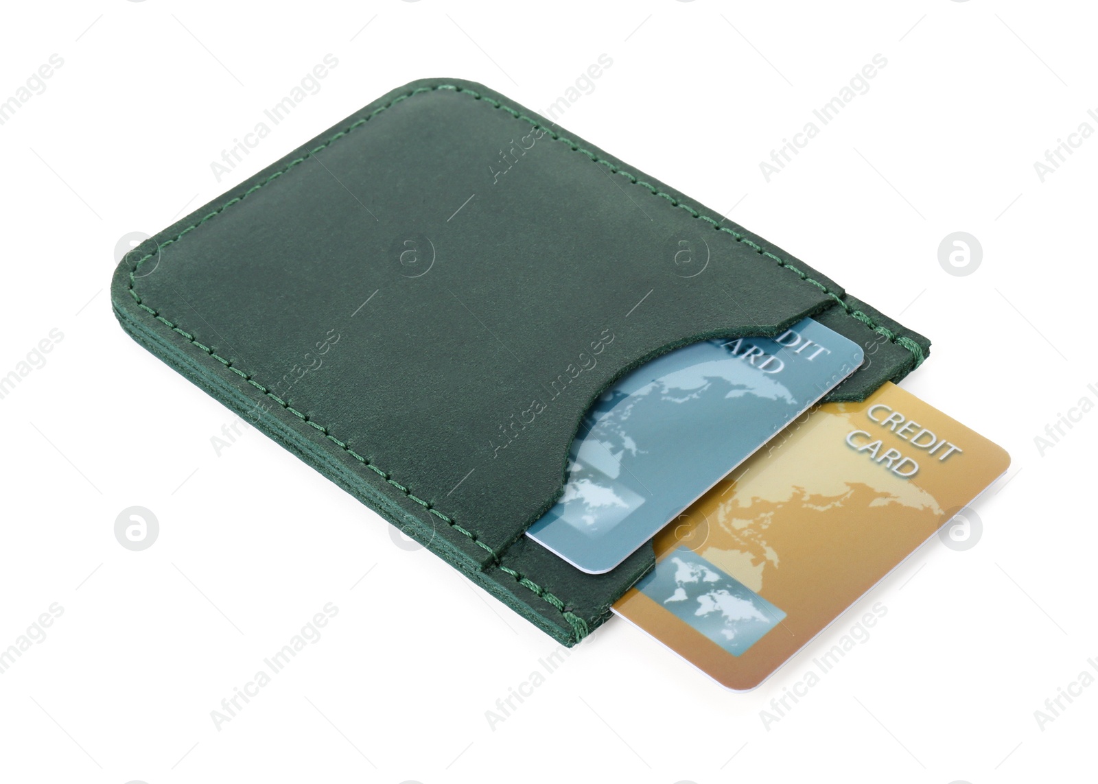 Photo of Leather card holder with plastic credit cards isolated on white