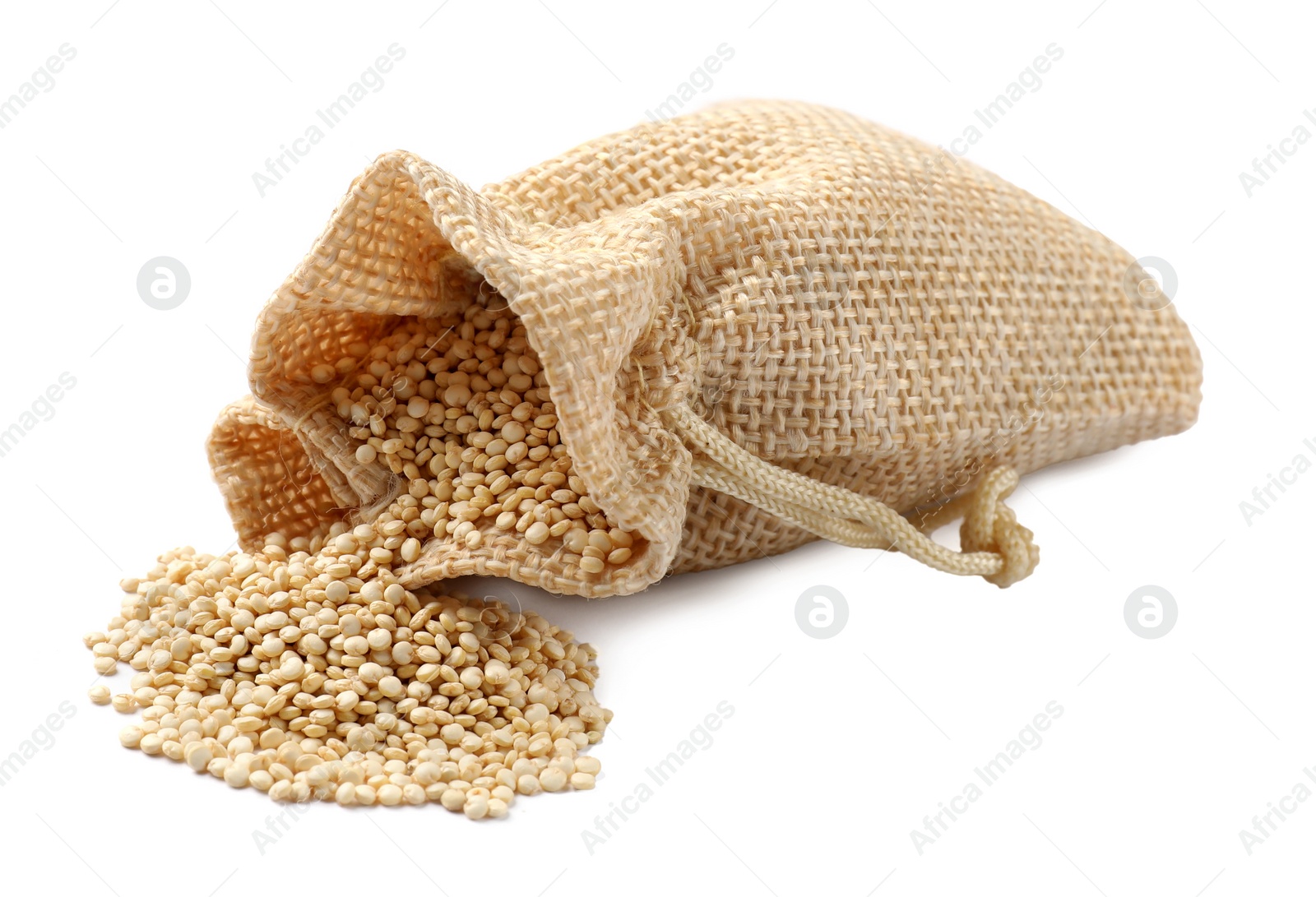 Photo of Burlap sack with raw quinoa isolated on white