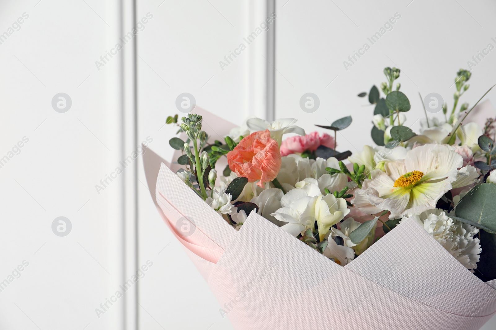 Photo of Bouquet of beautiful flowers on white background, closeup