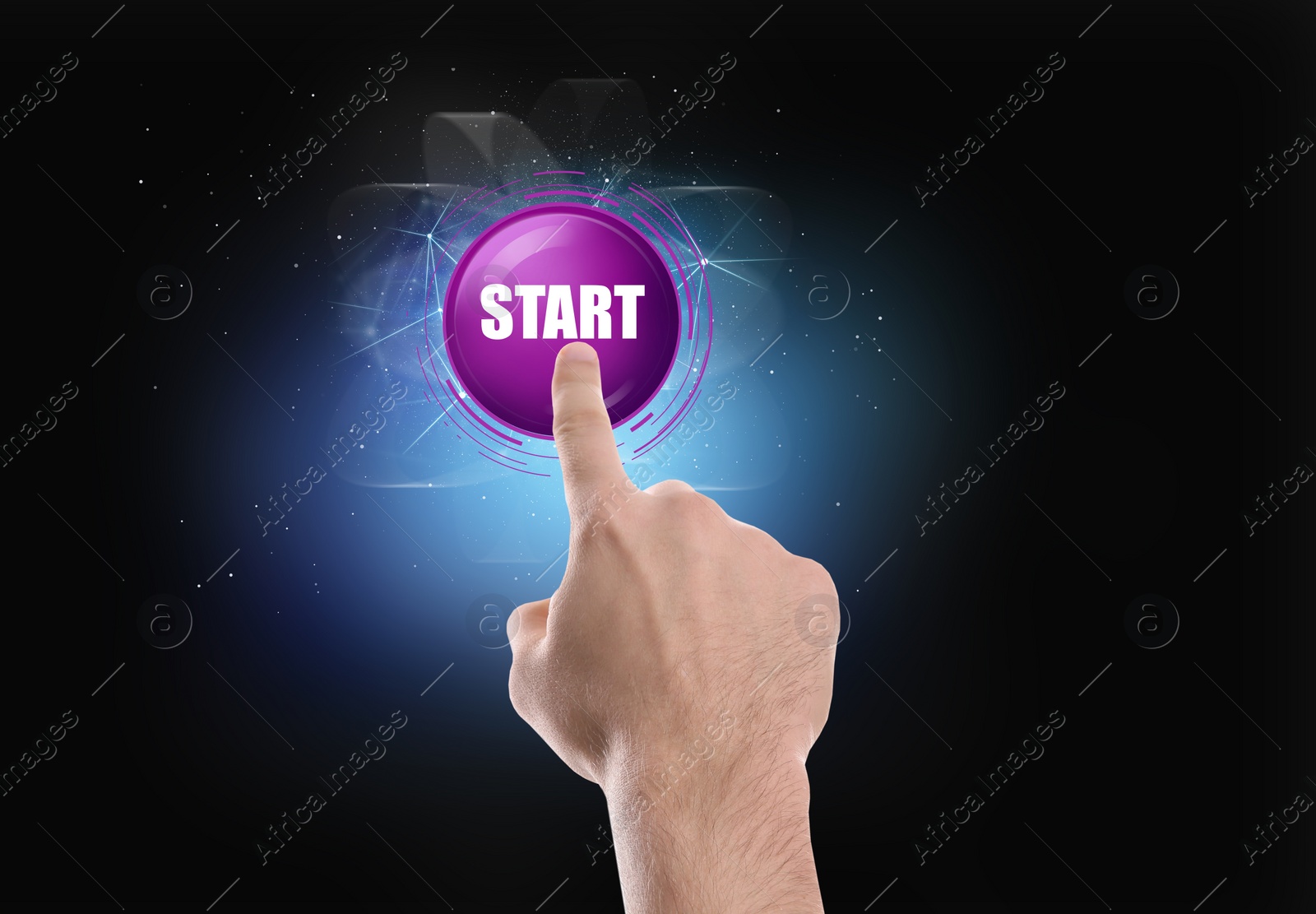 Image of Man pointing at start icon on dark background, closeup