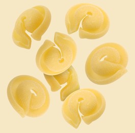 Image of Raw dischi volanti pasta flying on beige background