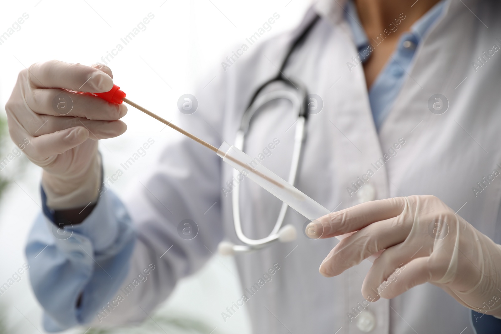 Photo of Doctor holding buccal cotton swab and tube for DNA test in clinic, closeup