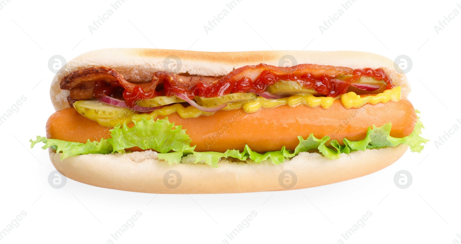 Photo of Tasty hot dog with bacon, lettuce and pickle isolated on white, top view