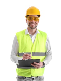 Photo of Male industrial engineer in uniform with clipboard on white background. Safety equipment