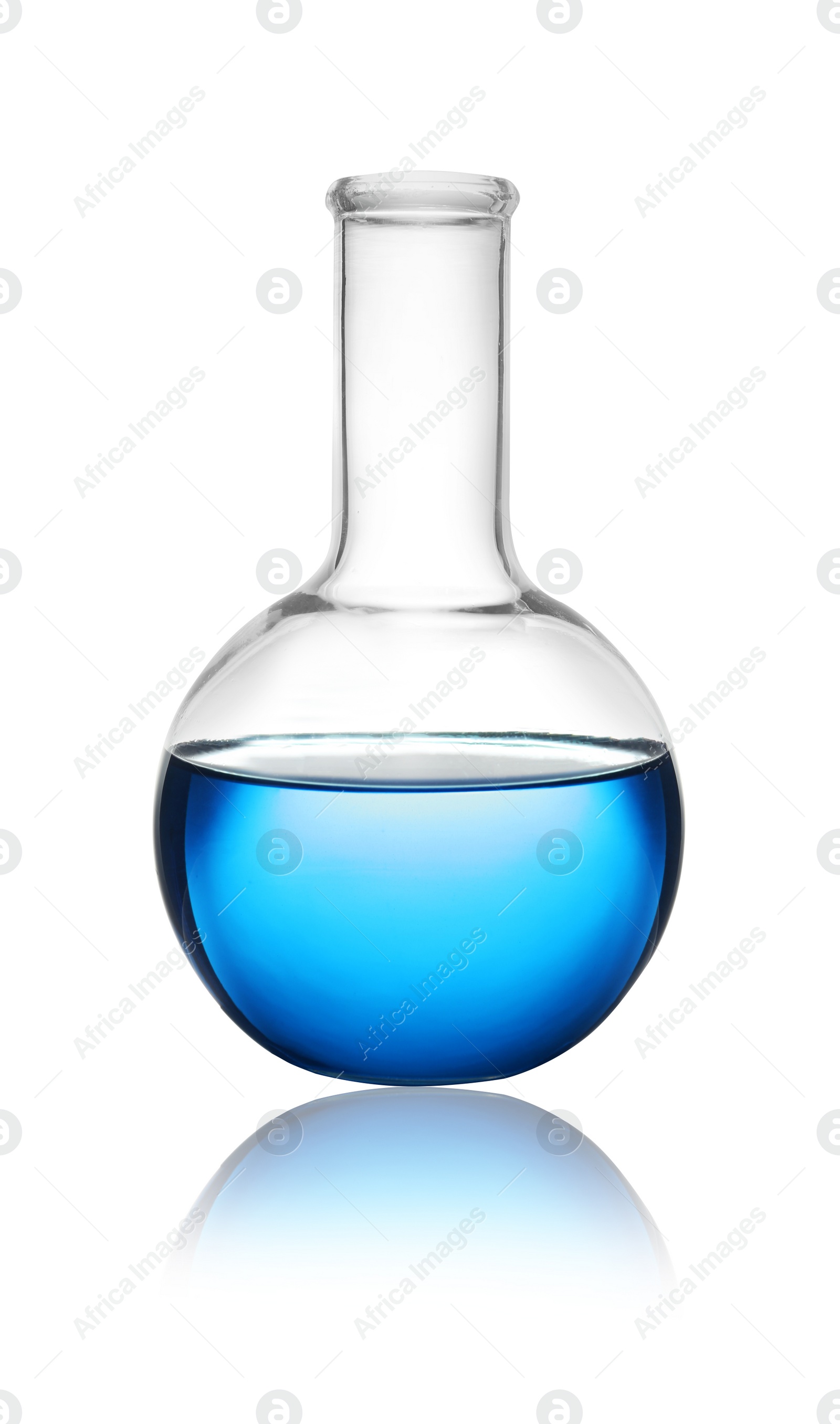 Photo of Florence flask with color liquid isolated on white. Solution chemistry