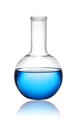 Florence flask with color liquid isolated on white. Solution chemistry